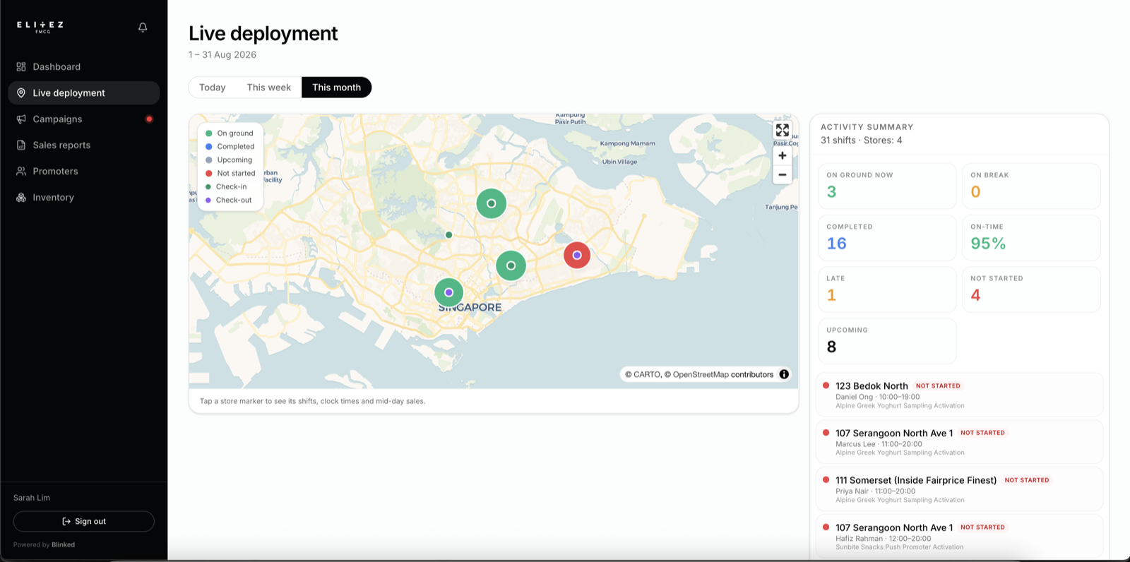 Blink client dashboard showing a live map of promoter check-ins across Singapore outlets