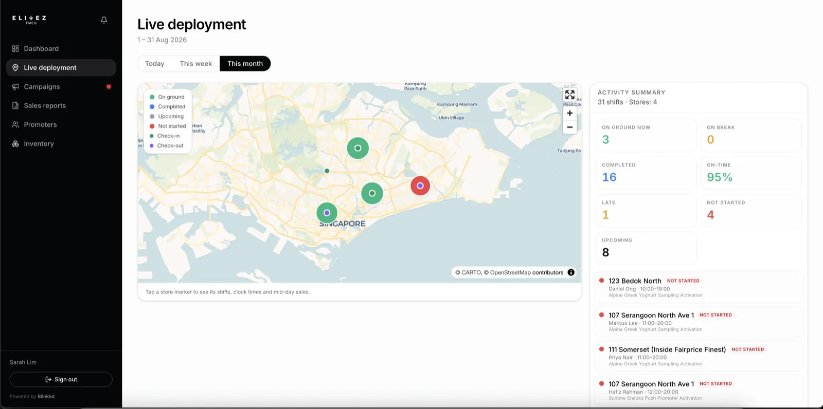 Blink client dashboard showing a live map of promoter check-ins across Singapore outlets
