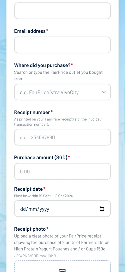 Receipt upload form for the Spend and Win contest